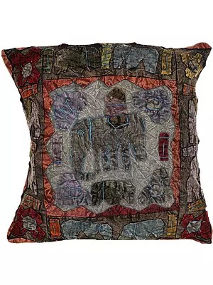 Cushion Cover with Applique Elephant and Kantha Embroidery