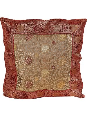 Red and Beige Banarasi Cushion Cover with Brocaded Flowers