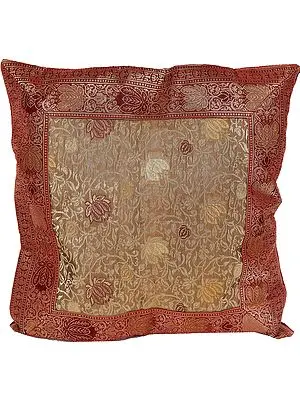 Red and Beige Banarasi Cushion Cover with Brocaded Flowers