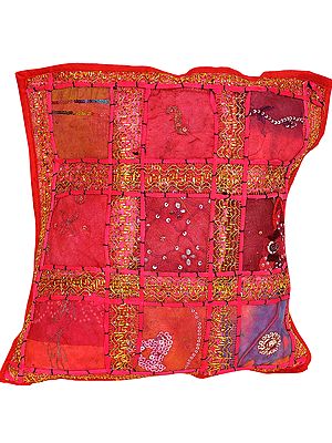 True-Red Cushion Cover from Jaipur with Patchwork and Golden Thread Embroidery