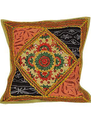 Stone-Green Cushion Cover with Patchwork and Mirrors