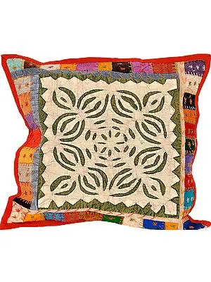 True-Red Cushion Cover from Rajastan with Patchwork and Kantha Embroidery
