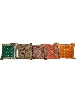 Lot of Five Banarasi Cushion Covers with Brocade Weave