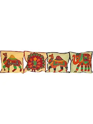 Lot of Five Four Embroidered Stonewashed Cushion Covers with Elephants and Camels