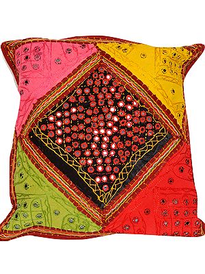 Multicolor Patchwork Cushion Cover from Jaipur with Kantha Embroidery and Mirrors
