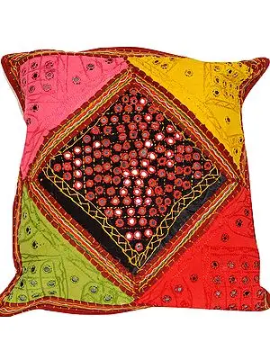 Multicolor Patchwork Cushion Cover from Jaipur with Kantha Embroidery and Mirrors