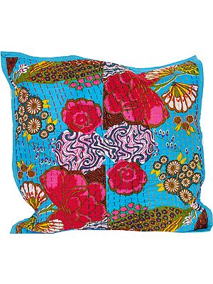 Horizon-Blue Cushion Cover with Printed Flowers and Kantha Stitch