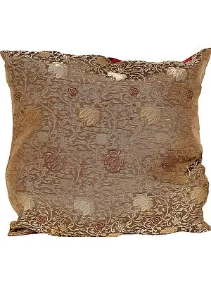 Breen-Gold Banarasi Cushion Cover with Woven Flowers