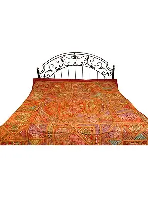 Multi-color Antiquated Kutch Mandala Bedspread with Embroidered Patches and Mirrors