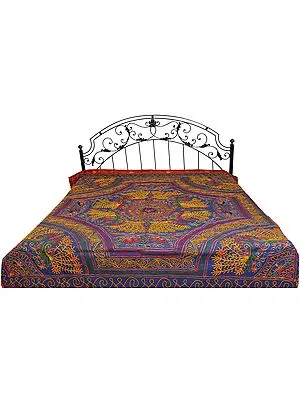Gujarati Bedspread with Ari Embroidered Peacocks and Elephants