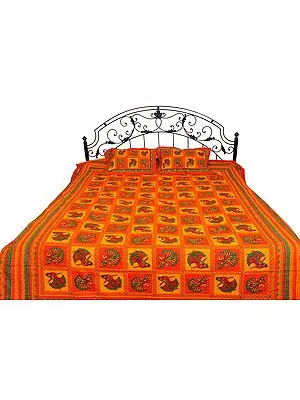 Orange-Yellow Printed Bedcover with Dancing Ladies and Kantha Stitch Embroidery