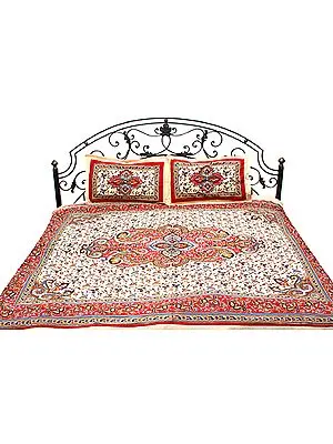 Cream and Red Bedspread from Pilkhuwa with Printed Paisleys and Flowers