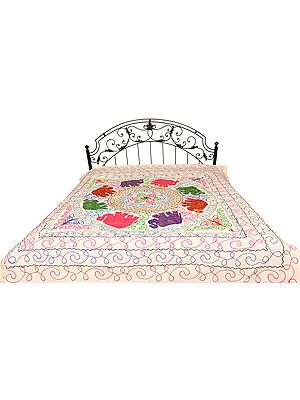 Gujarati Bedspread with Applique Elephants and Embroidered Sequins
