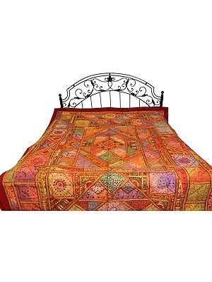 Multi-color Antiquated Bedspread from Kutch with Embroidered Patches and Mirrors
