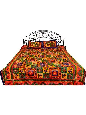 Multi-Color Sanganeri Bedspread with Printed Flowers and Kantha Stitched Embroidery