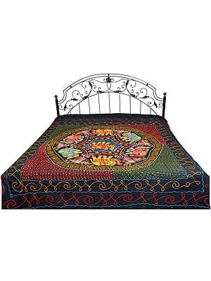 Gujarati Bedspread with Crewel Embroidery and Applique Elephants