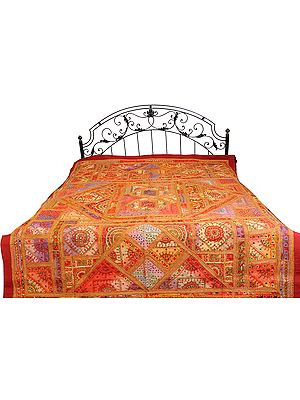 Multi-color Bedspread From Kutch with Embroidered Patches and Mirrors