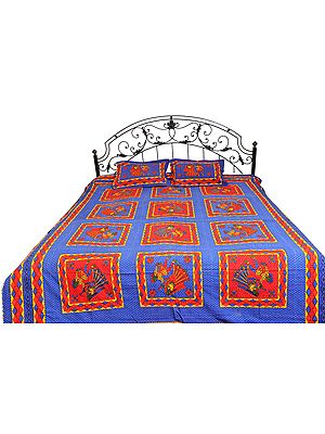 Dutch-Blue Sanganeri Bedspread with Printed Dancing Couples and Kantha Stitch