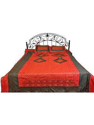 Recocco-Red Seven-Piece Banarasi Bedspread with Woven Leaves and Brocaded Border
