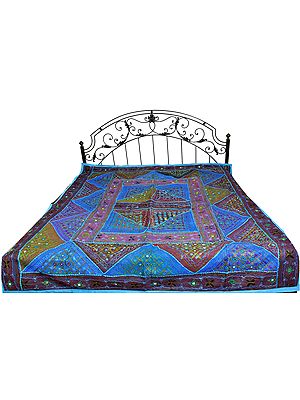 Multi-Color Crewel Embroidered Patchwork Bedcover from Kutch with Mirrors