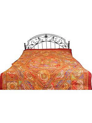 Multi-color Antiquated Bedspread from Kutch with Embroidered Mandala