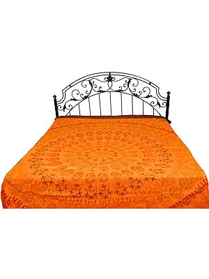 Cadmium-Orange Stonewashed Bedspread with Ari Embroidered Chakravyuh