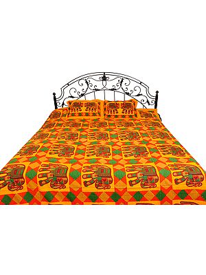 Radiant-Yellow Sanganeri Bedspread with Printed Elephants and Kantha Stitch
