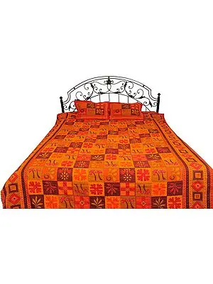 Multi-Color Printed Sanganeri Bedspread with Kantha Stitch