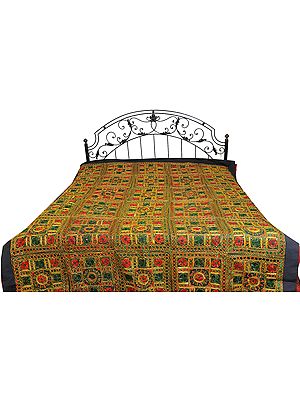 Black Bedspread from Kutch with Embroidery All-Over and Mirrors