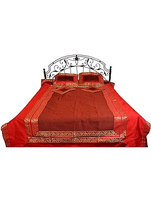 Rococco-Red Five-Piece Banarasi Bedspread with Woven Paisleys on Border