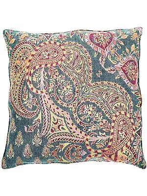 River-Blue Kani Jamawar Cushion Cover with Woven Paisleys and Bootis