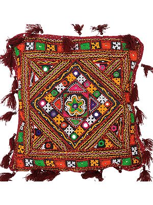 Cushion Cover from Kutch with Embroidery in Multi-Thread and Mirrors
