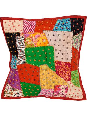 Cushion Cover with Floral Patches and Kantha Embroidery