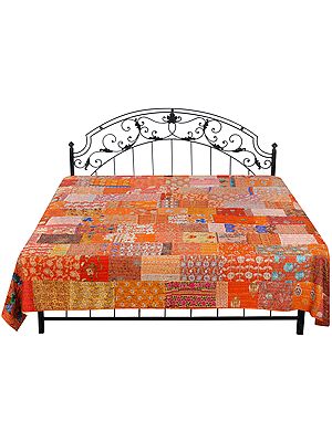 Autumn-Glory Kantha Embroidered Bedspread Embellished with Crystals and Floral Patch Work