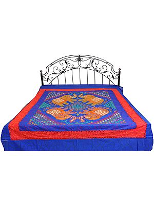 Dazzling-Blue Gujarati Bedspread with Applique Elephants and Embroidered Sequins