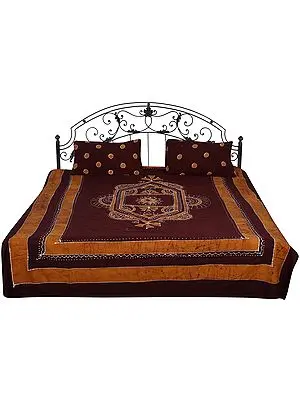 French-Roast Batik Bedspread from Kutch with Printed Motifs