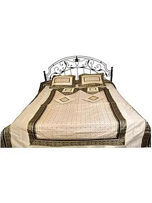 Ivory Seven-Piece Bedspread from Banaras with Brocaded Border and Tanchoi Weave