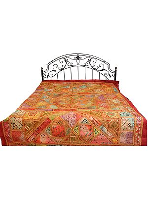Multi-color Antiquated Bedspread from Kutch with Embroidered Patches and Mirrors
