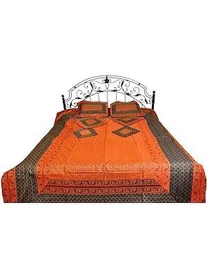 Copper-Coin Seven-Piece Brocaded Bedspread from Banaras with Tanchoi Weave