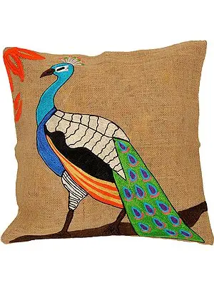 Latte-Colored Cushion Cover with Embroidered Peacock