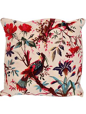 Egret-White Double-Sided Cushion Cover with Printed Sparrows and Foliage