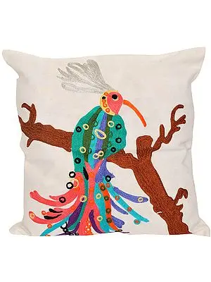 White Cushion Cover with Embroidered Cockatoo