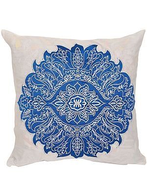 Bright-White Cushion Cover with Large Embroidered Floral Patch
