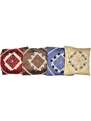 Lot of Four Cushion Cover with Floral Embroidery and Lace