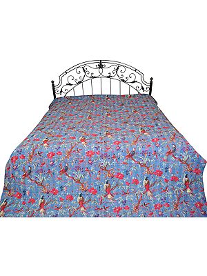 Bedcover from Jodhpur with Printed Sparrows and Kantha Stitch All-Over