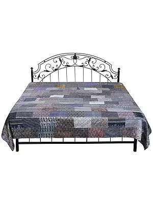 Paloma-Gray Bedspread from Gujarat with Patch Work and Kantha Straight Stitch