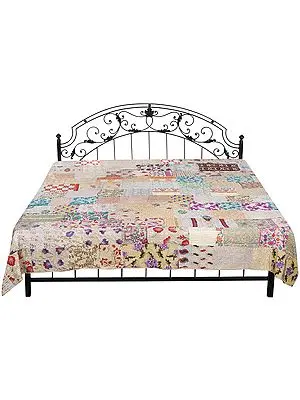 Frosted-Almond Bedspread from Gujarat with Floral Patch Work and Kantha Straight Stitch