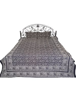 Jet-Black Bedspread from Gujarat with Block-Printed Elephants