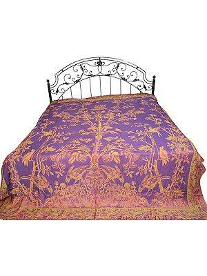 Patrician-Purple Reversible Jamawar Bedspread with Woven Tree of Life