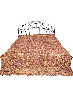 Chocolate-Truffle Reversible Jamawar Bedspread from Kashmir with Woven Paisleys
